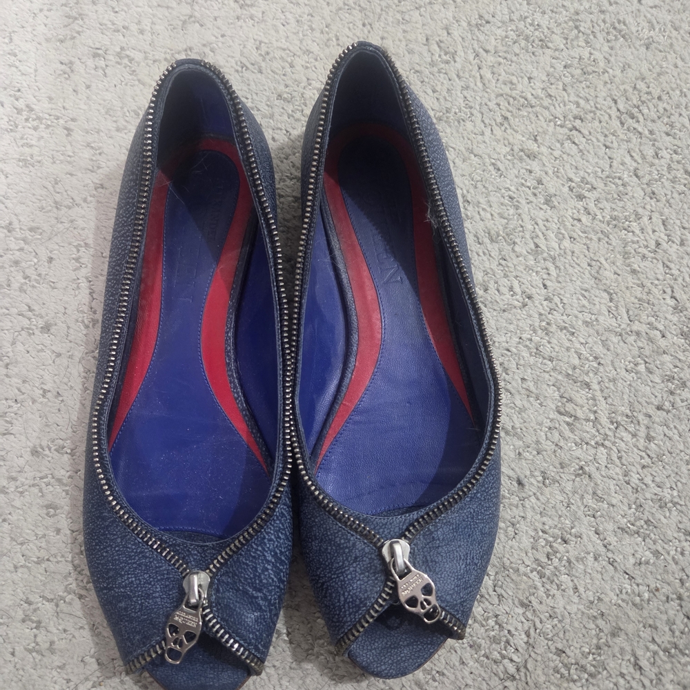 Alexander McQueen Blue Denim Flats with Skull Zipper